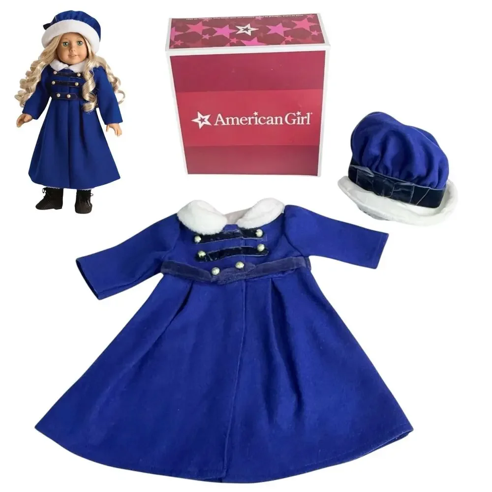 American Girl Caroline Winter Coat and Cap Blue Wool White Faux Fur Doll Outfit